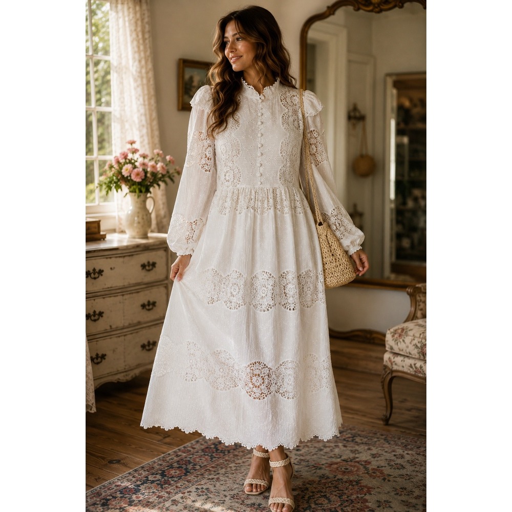Dalia MacPhee White Eyelet Lace Maxi Dress Victorian High Neck Long Sleeve Small
